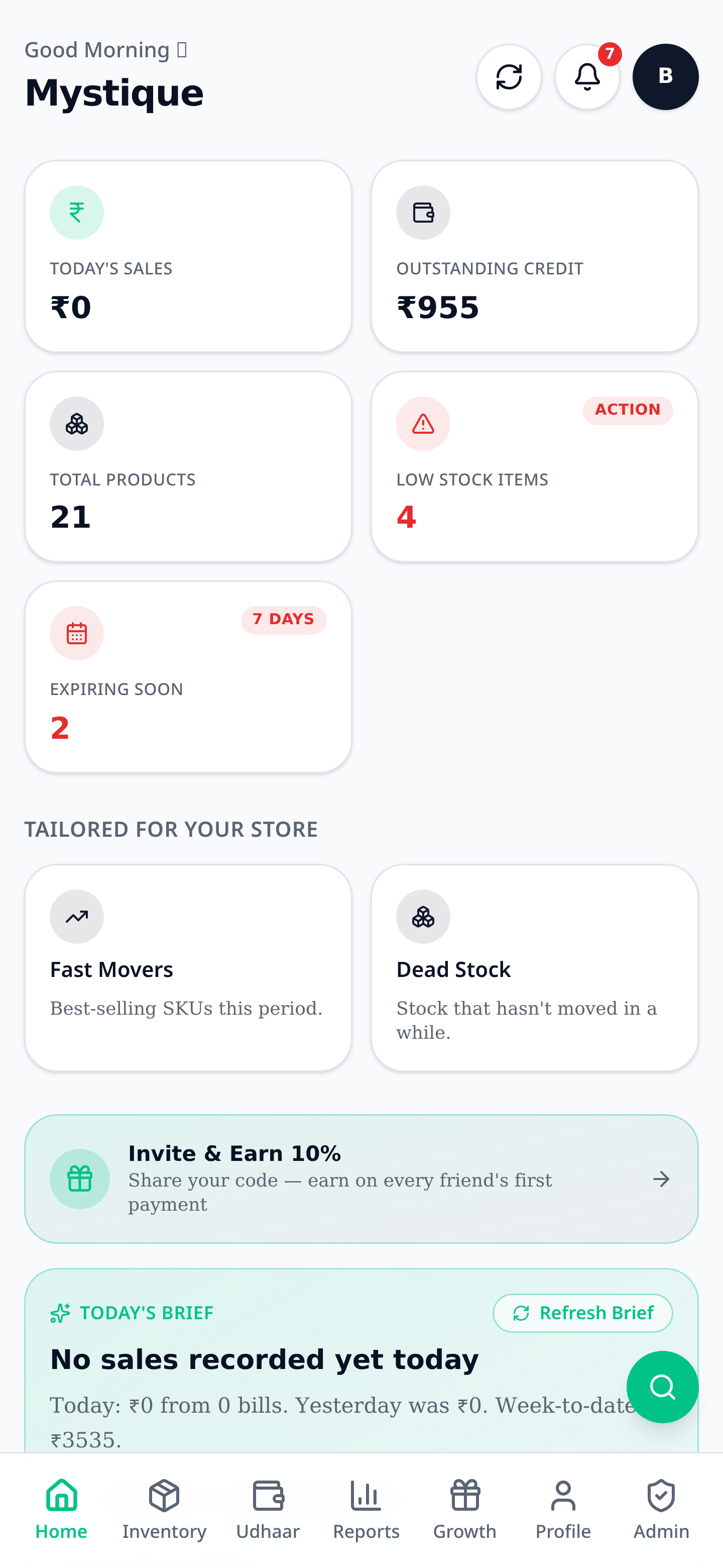 VendIQ dashboard showing today's sales, outstanding credit and low-stock alerts